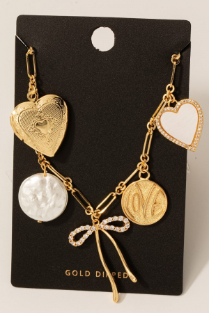 Gold Dipped Heart Ribbon And Pearl Coin Charms Necklace