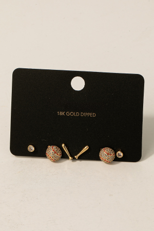 Game Day Gold Dipped Cz Studded Baseball Themed Stud Earring Set