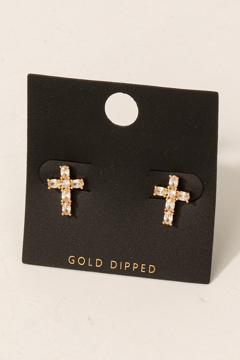 Gold Dipped Cz Studded Cross Stud Earrings