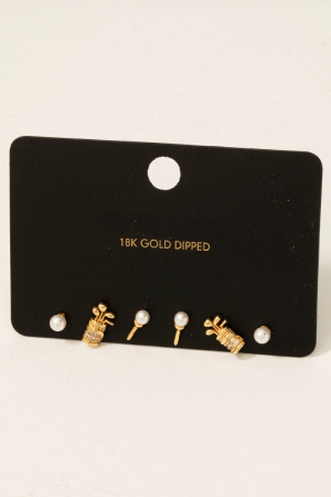 Gold Dipped Mixed Golf Theme Pearl Cz Stud Earrings Set