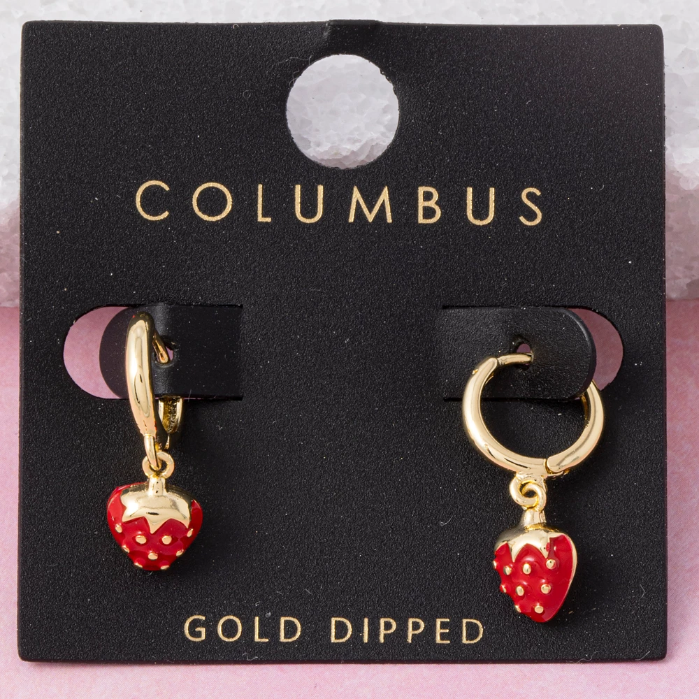 Gold Dipped Enamel Strawberry Huggie Earrings