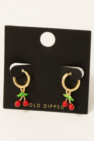 Gold Dipped Epoxy Cherry Charms Hoop Earrings