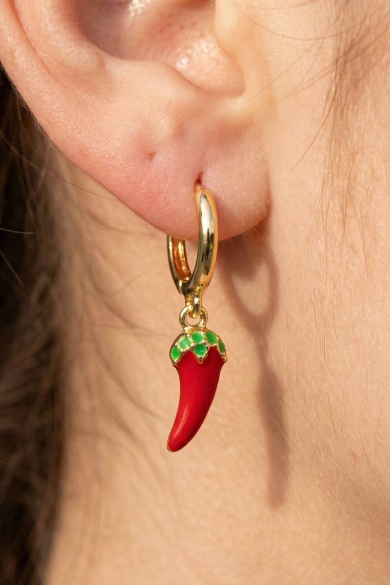 Gold Dipped Epoxy Red Chili Pepper Charm Hoop Earrings