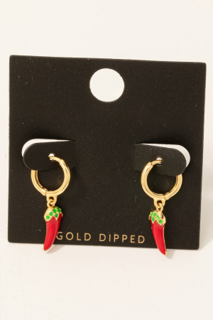 Gold Dipped Epoxy Red Chili Pepper Charm Hoop Earrings