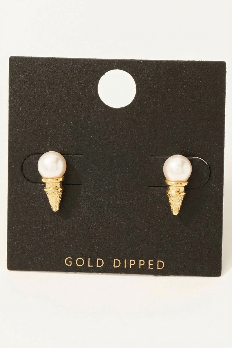 Gold Dipped Pearl Ice Cream Cone Stud Earrings