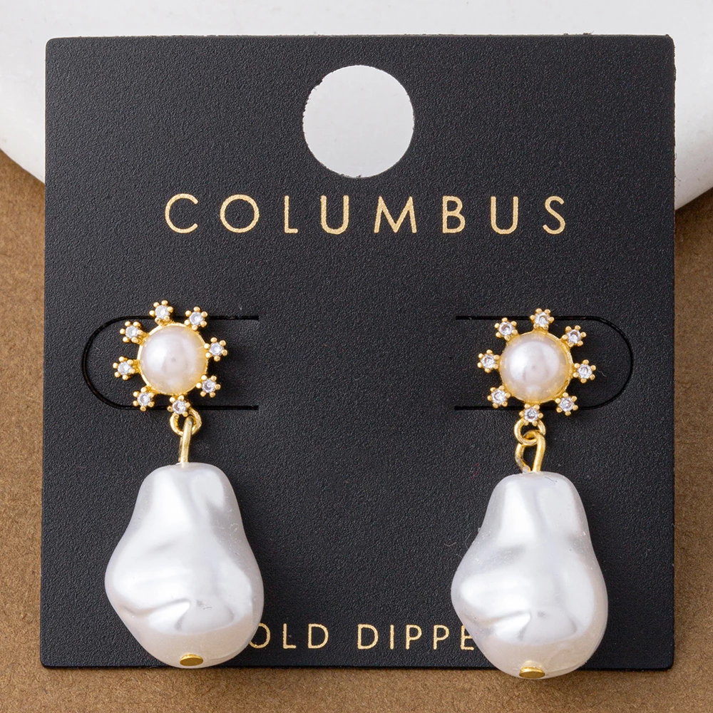 Gold Dipped Cz Halo Baroque Pearl Drop Earrings