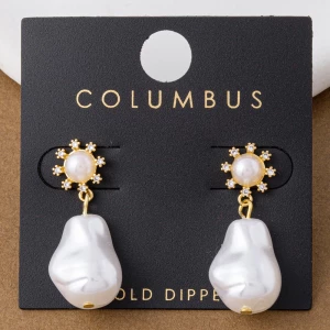 Gold Dipped Cz Halo Baroque Pearl Drop Earrings