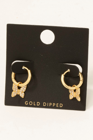 Gold Dipped Cz Pave Butterfly Charm Hoop Earrings