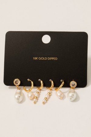 Gold Dipped Assorted Pearl Cz Charms Hoop Earrings Set