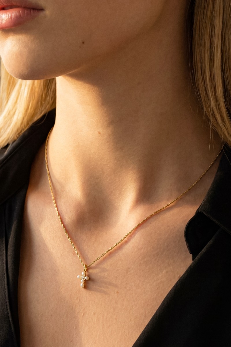 Gold Dipped Cz And Pearl Cross Pendant Necklace