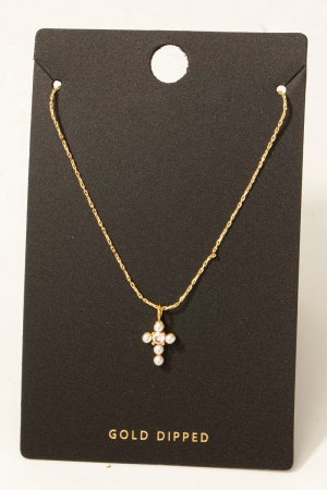 Gold Dipped Cz And Pearl Cross Pendant Necklace