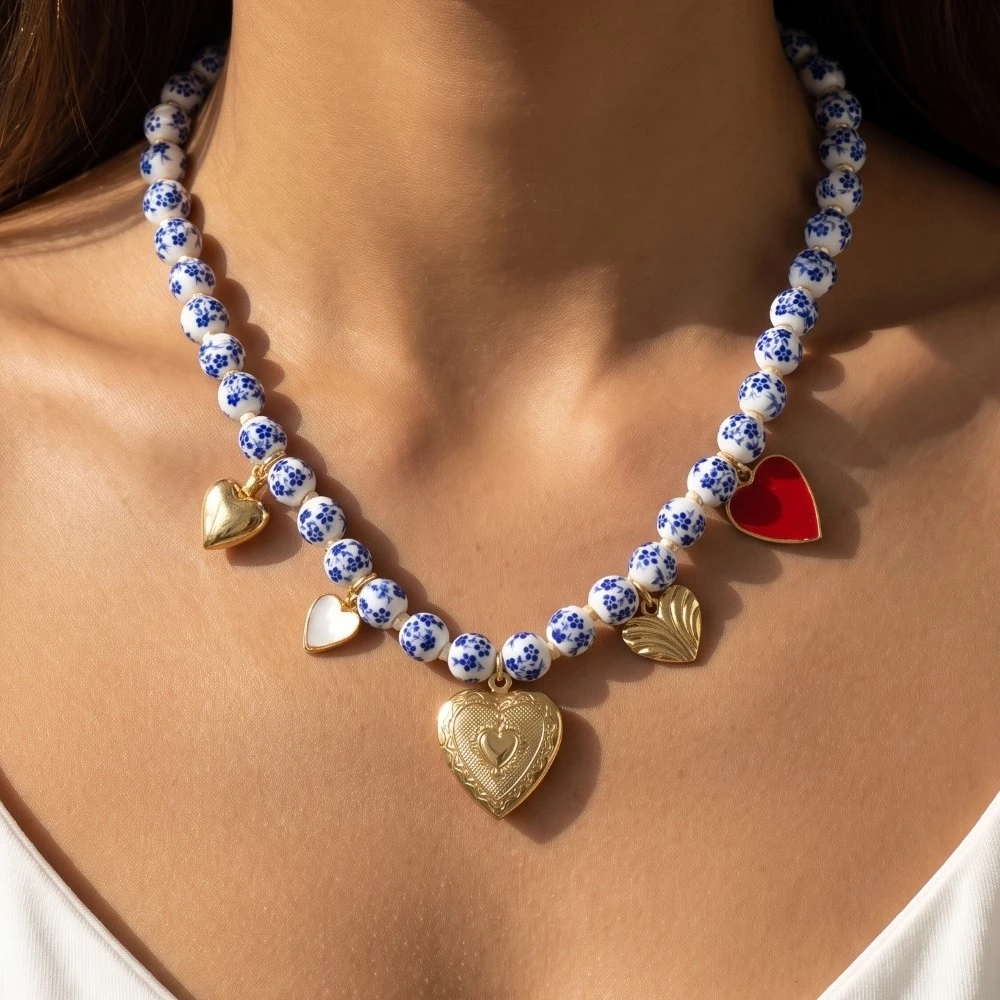 Gold Dipped Mixed Heart Charms Floral Beaded Necklace