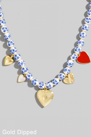 Gold Dipped Mixed Heart Charms Floral Beaded Necklace