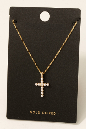 Gold Dipped Pearl And Cz Studded Cross Pendant Necklace