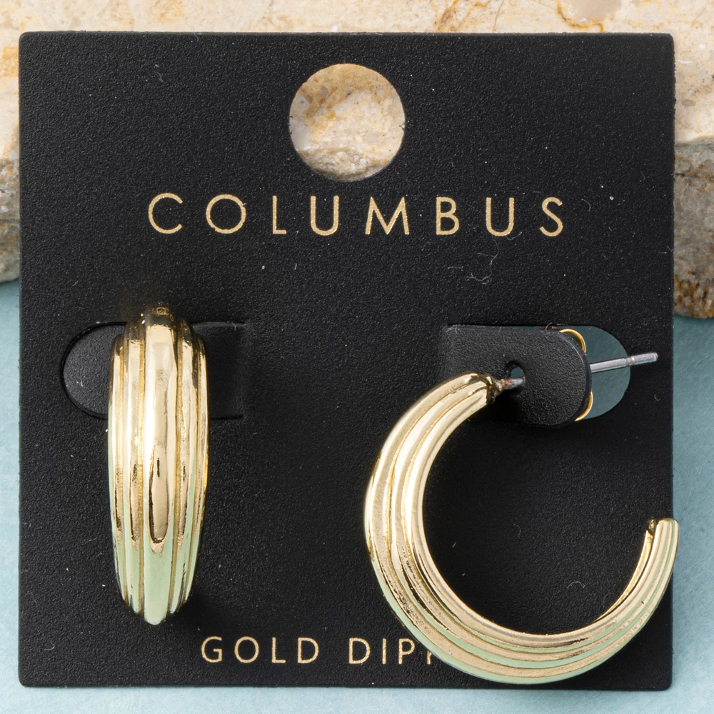 Gold Dipped Ribbed Triple Ridge Hoop Earrings