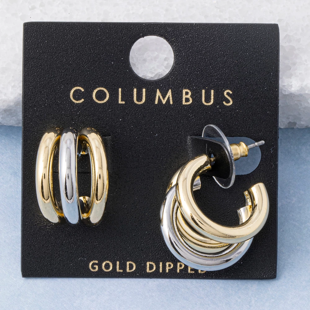 Gold Dipped Two Tone Triple Band Hoop Earrings
