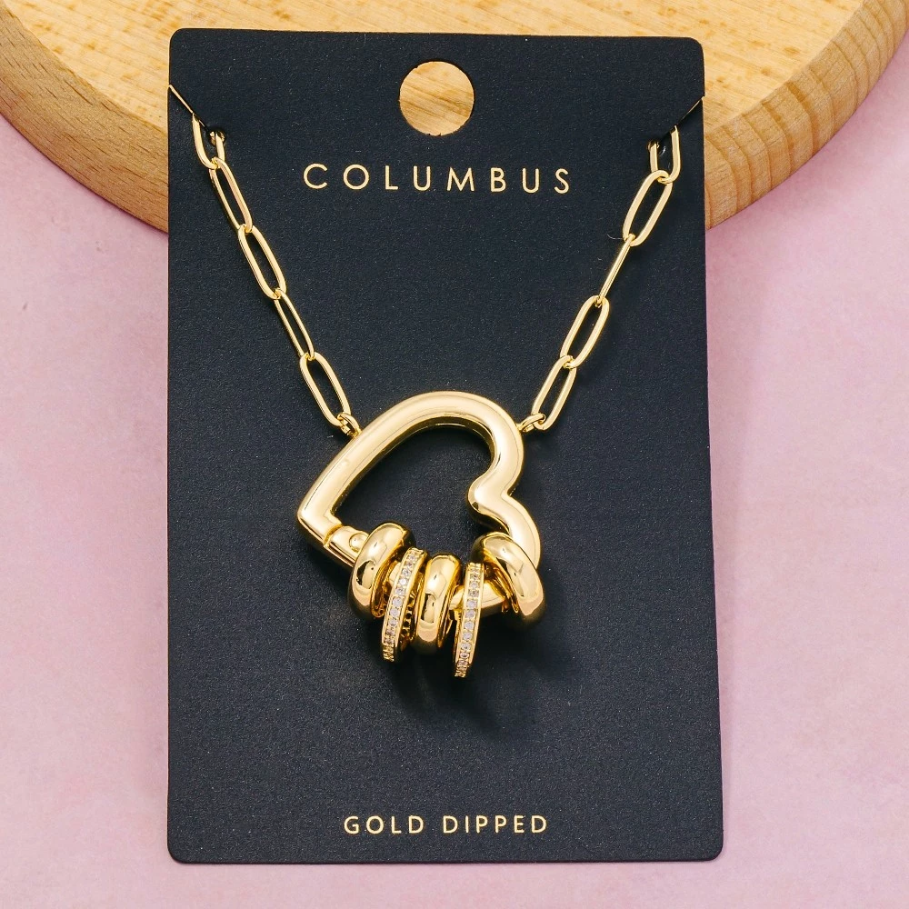 Gold Dipped Cz Pave Rings Heart Pendant Necklace