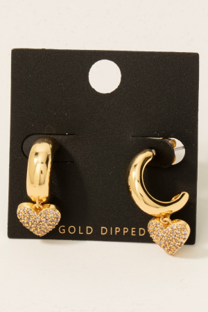 Gold Dipped Cz Pave Heart Charm Hoop Earrings