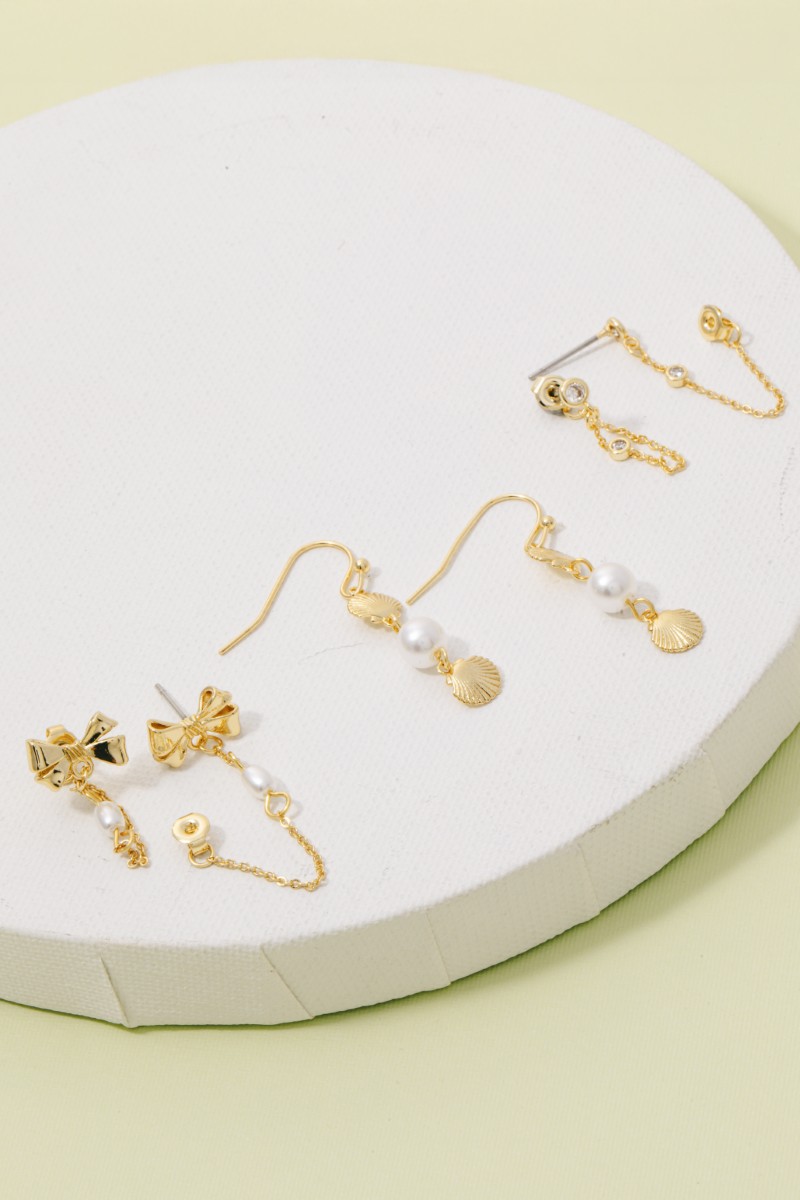 Gold Dipped Ribbon Bow Shell And Pearl Dangle Earrings Set