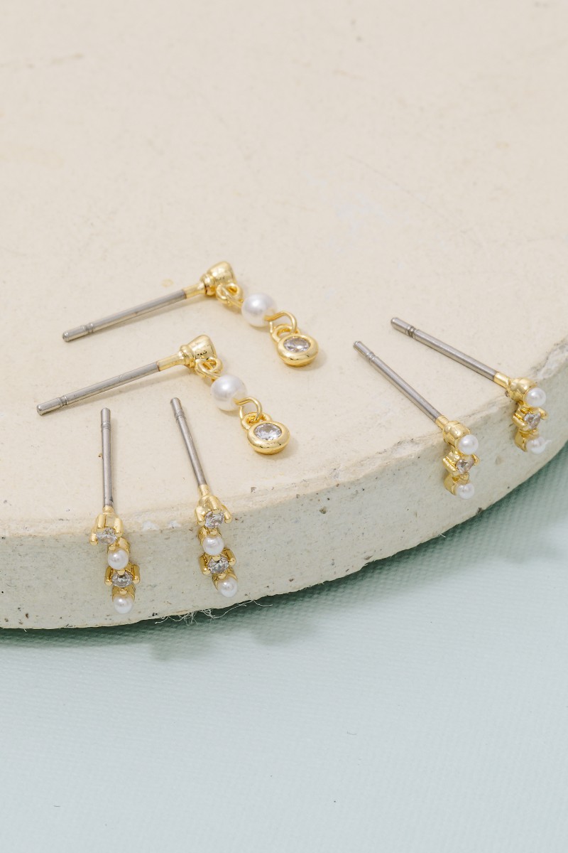 Gold Dipped Pearl And Cz Dainty Stud Earrings Set