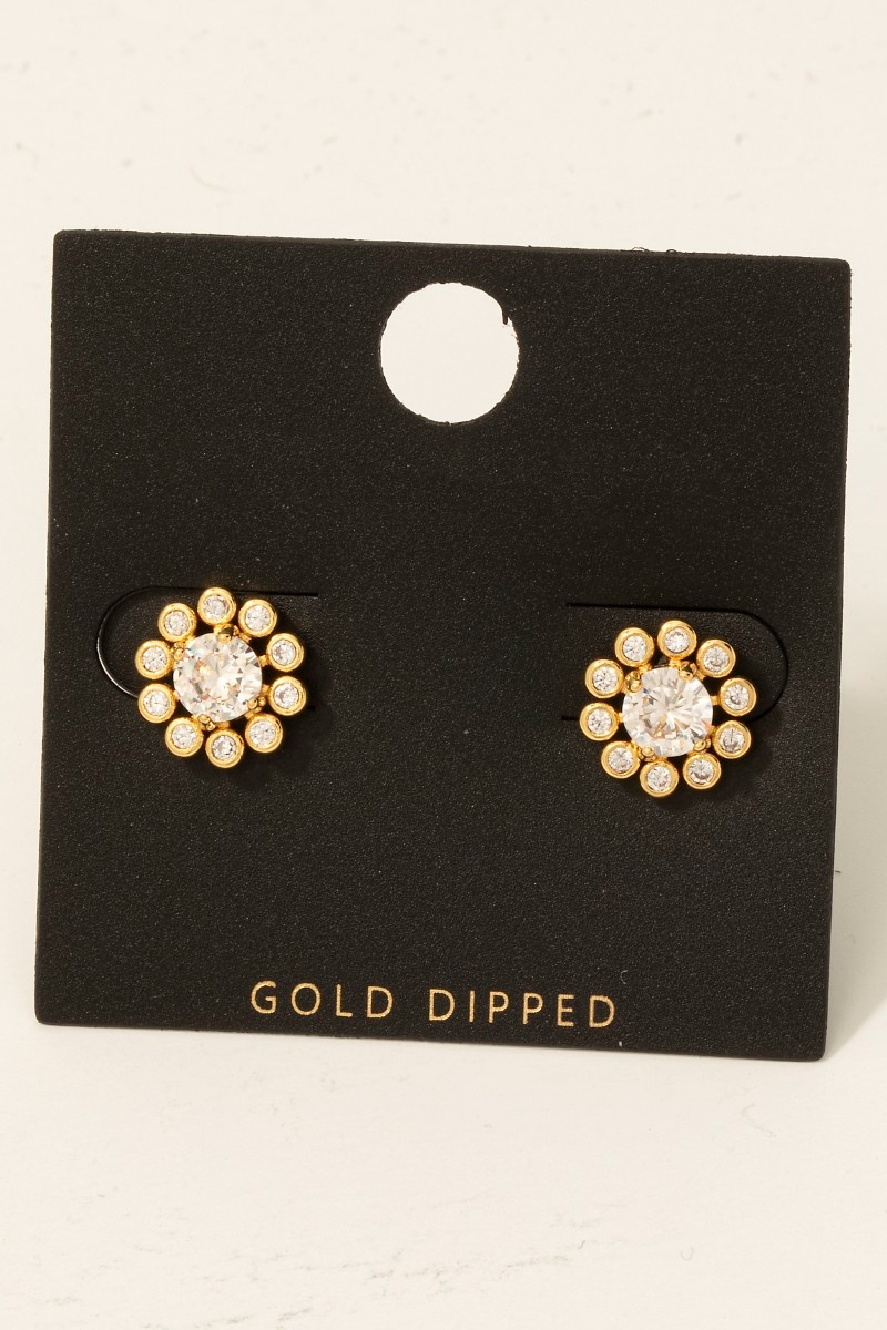 Gold Dipped Cz Pave Flower Stud Earrings