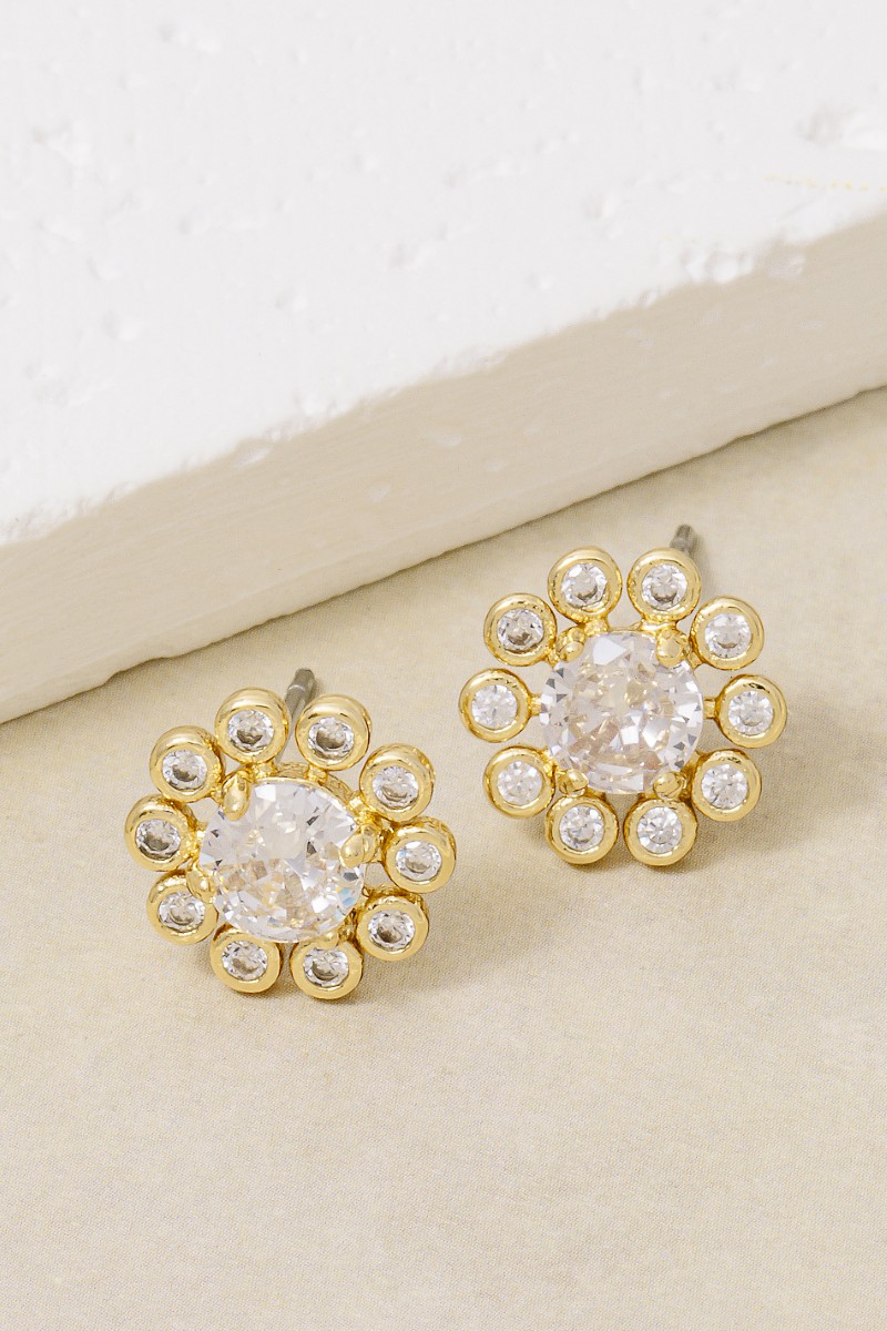 Gold Dipped Halo Cz Set Stud Earrings