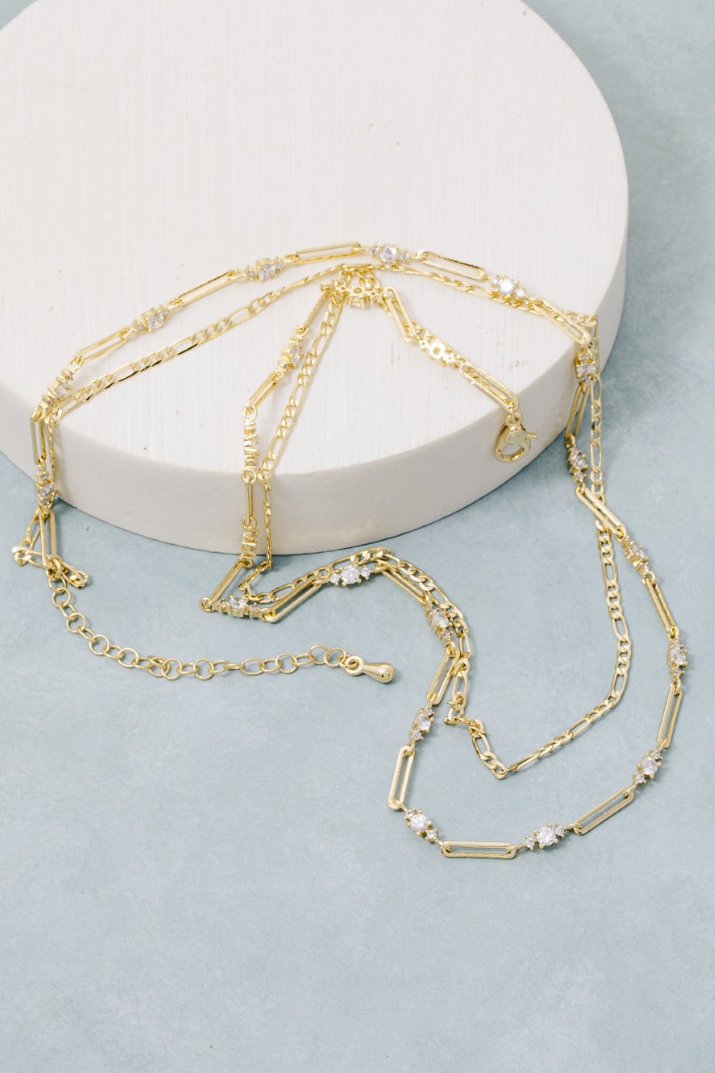 Gold Dipped Cz Station Gems Chain Necklace