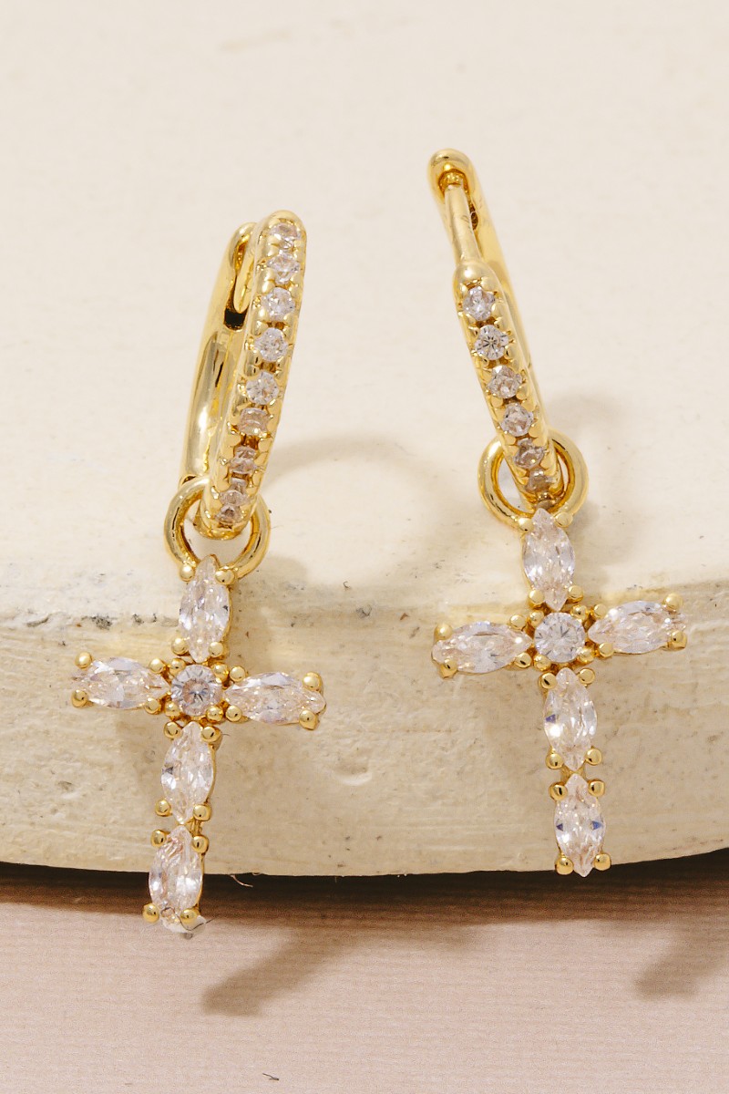 Gold Dipped Cz Baguette Cross Charm Hoop Earrings