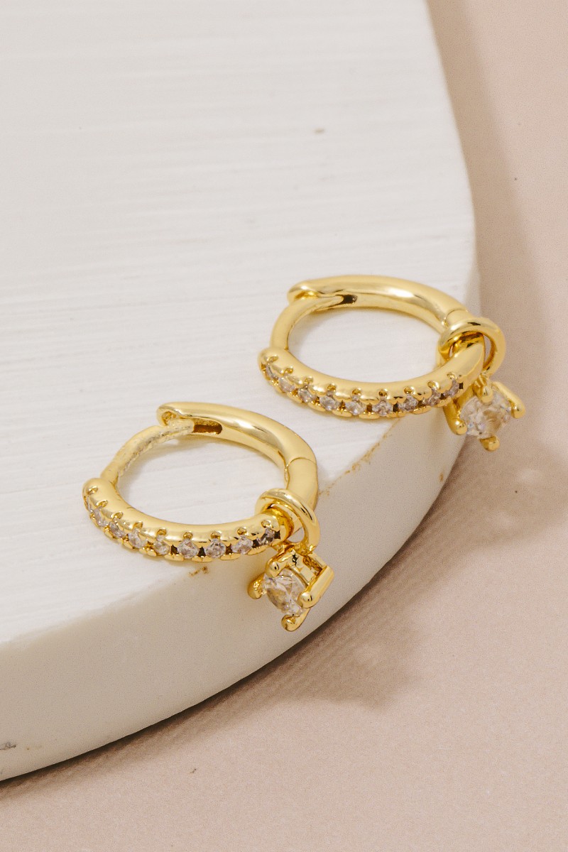 Gold Dipped Mini Cz Charm Pave Hoop Earrings