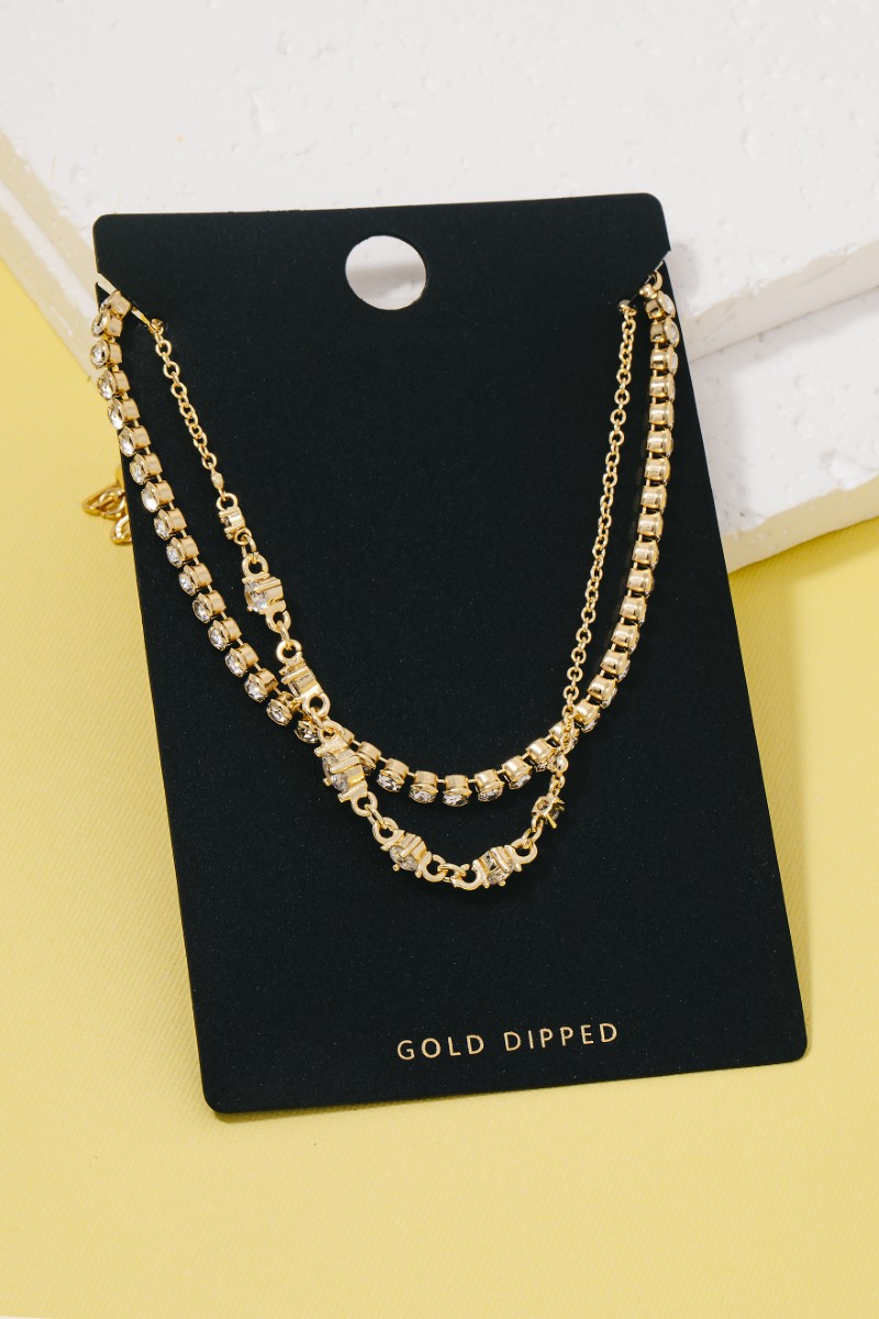 Gold Dipped Round Cz Gems And Chain Layered Necklace