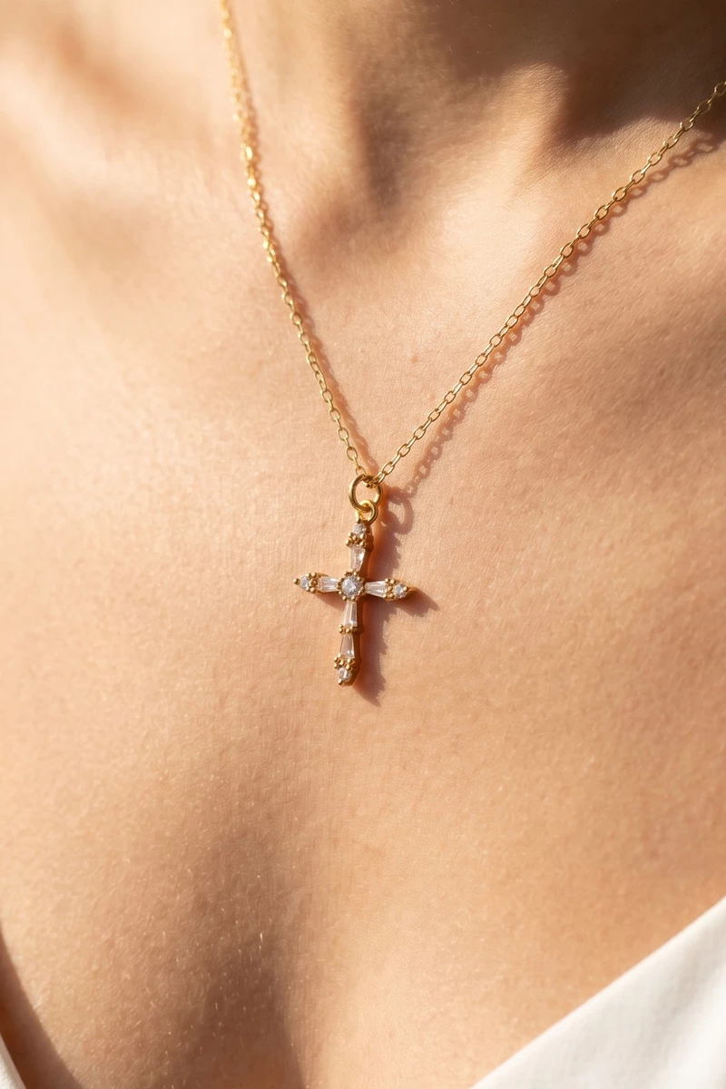 Gold Dipped Baguette Cz Cross Pendant Necklace