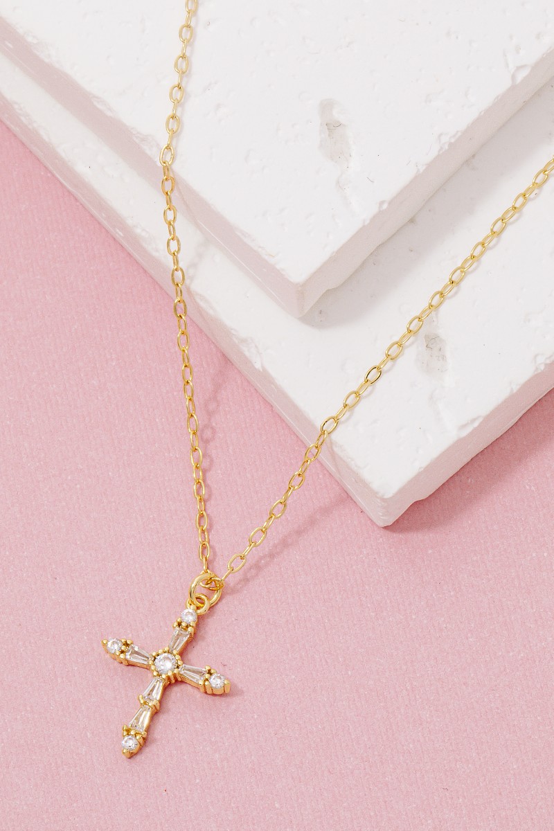Gold Dipped Dainty Cz Cross Pendant Necklace