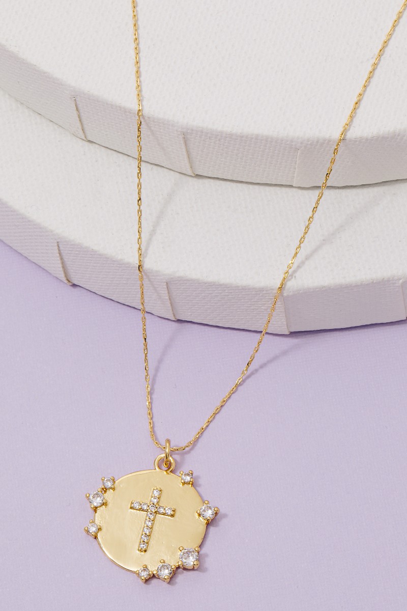 Gold Dipped Cz Cross Coin Pendant Necklace