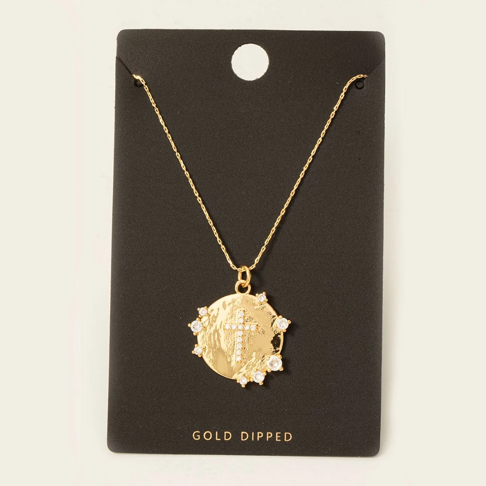 Gold Dipped Cz Cross Coin Pendant Necklace