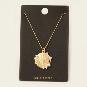 Gold Dipped Cz Cross Coin Pendant Necklace