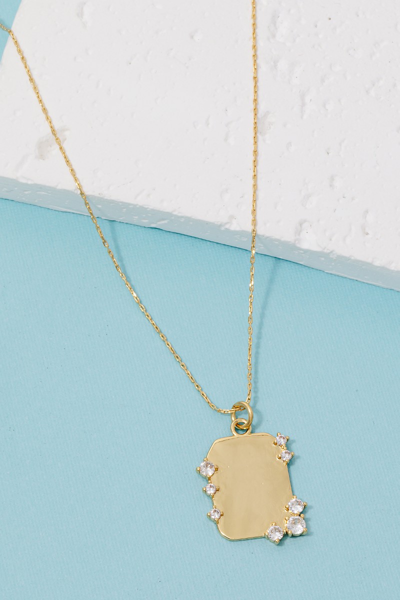 Gold Dipped Cz Studded Rectangle Pendant Necklace