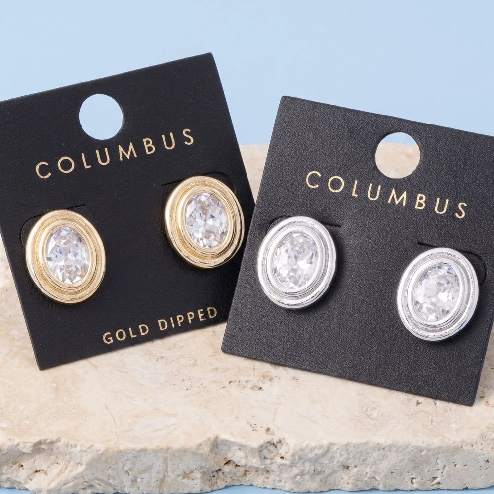 Double Bezel Oval Cz Stud Earrings