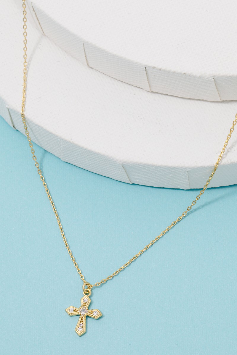 Gold Dipped Cz Pave Gothic Cross Pendant Necklace
