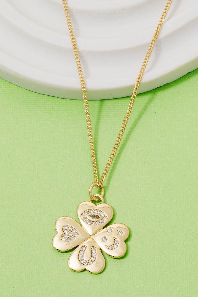 Gold Dipped Cz Pave Clover Pendant Necklace