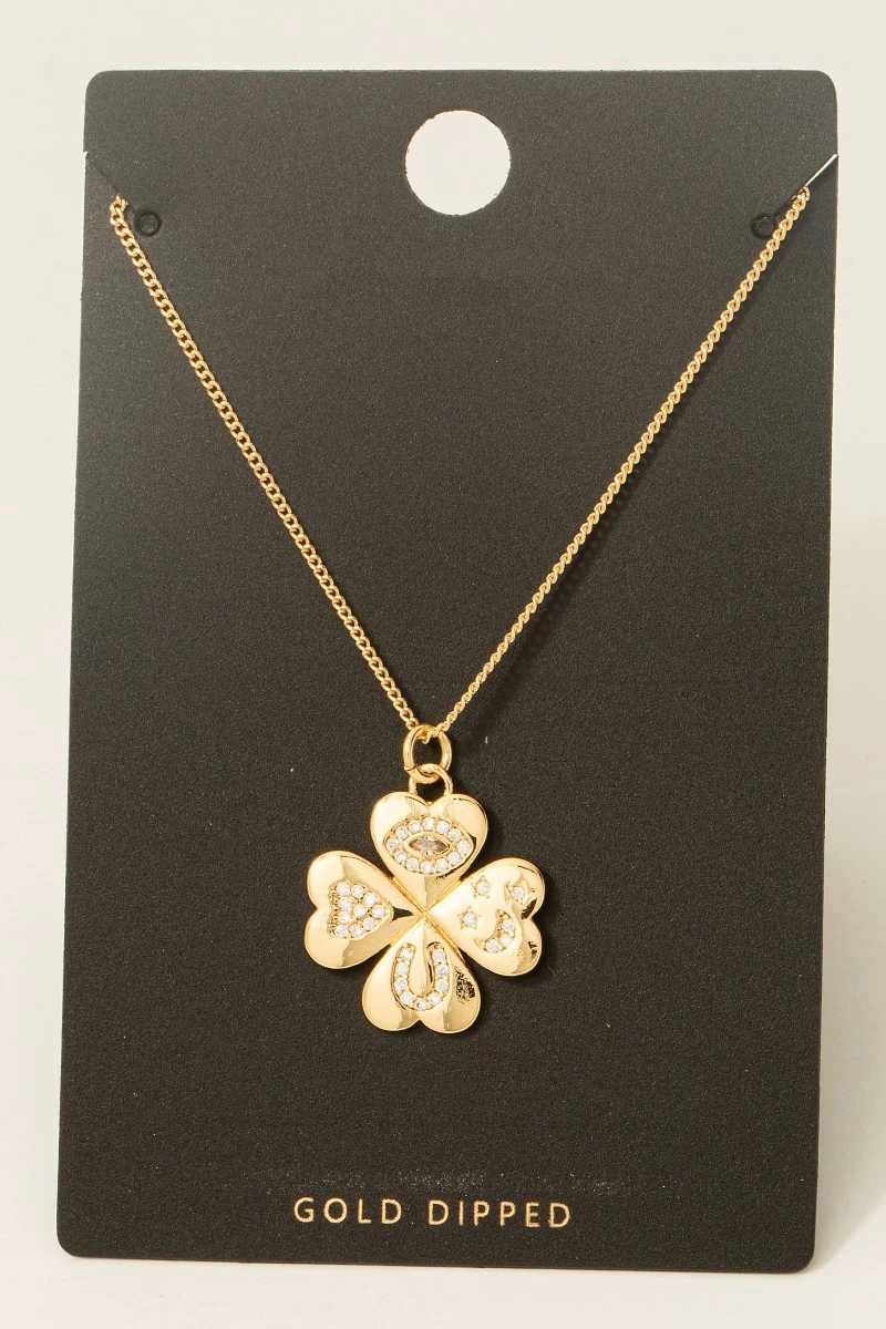 Gold Dipped Cz Pave Clover Pendant Necklace