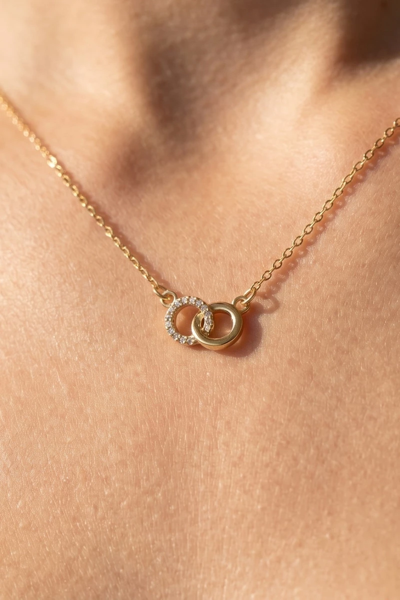 Cz Interlocked Double Ring Pendant Necklace