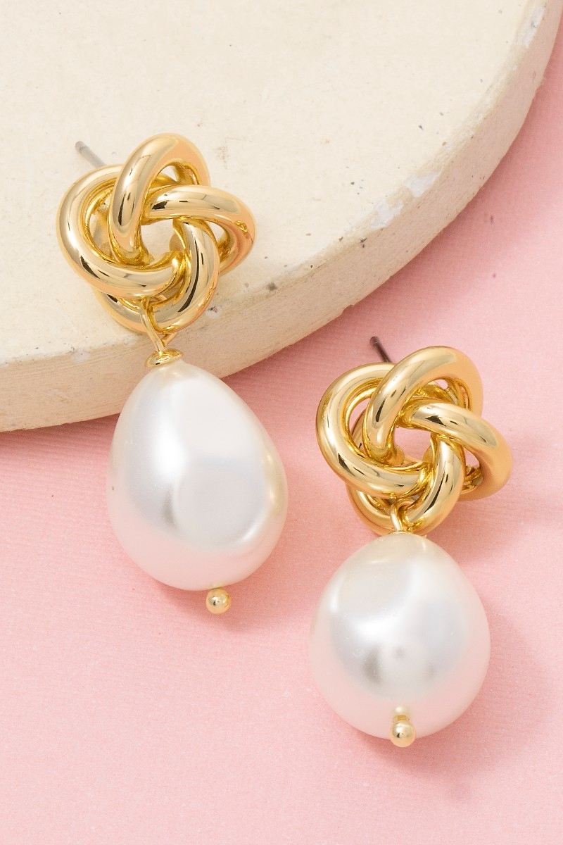 Gold Dipped Knot And Pearl Bead Stud Dangle Earrings