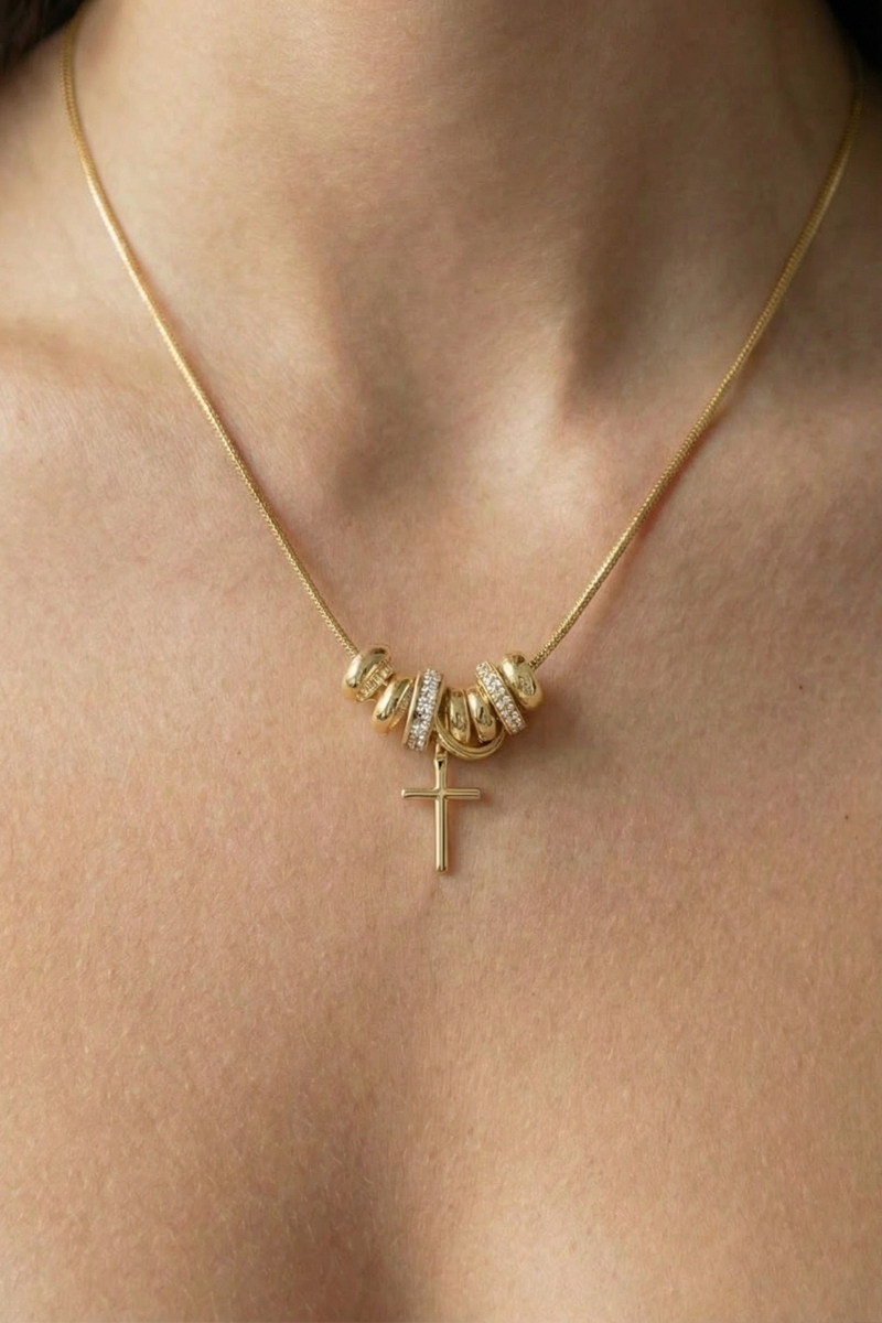 Gold Dipped Cz Multi Charms And Cross Chain Necklace