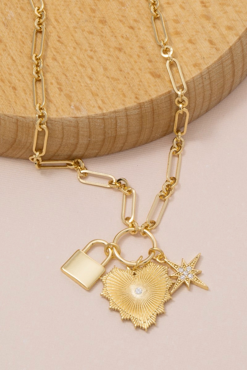 Gold Dipped Cz Star Heart And Lock Pendants Necklace