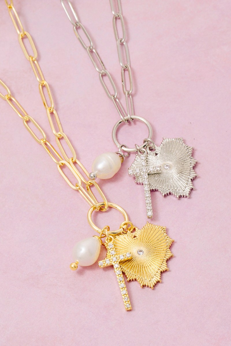 Gold Dipped Cz Pave Cross Pearl And Heart Charms Chain Necklace