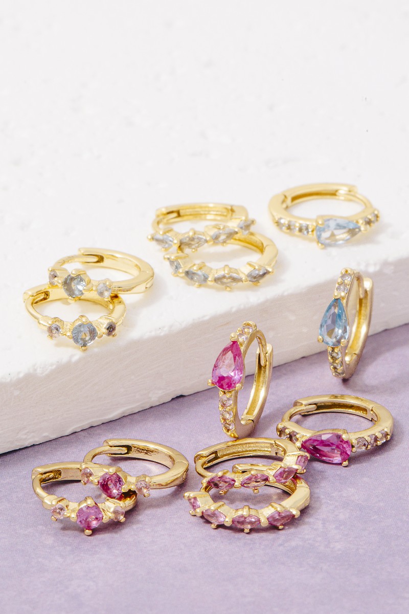Gold Dipped Cz Gem Studs Hoop Earrings Set
