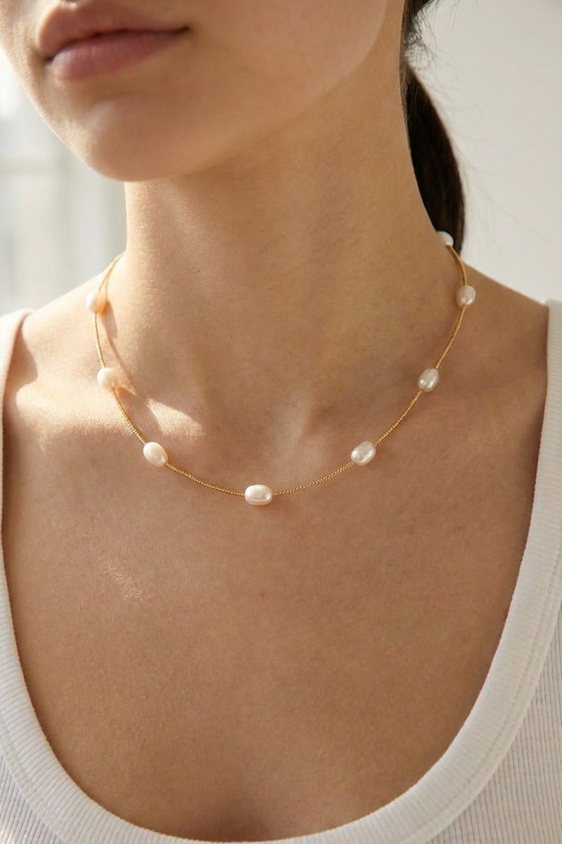 Gold Dipped Pearl Station Beads Box Chain Necklace