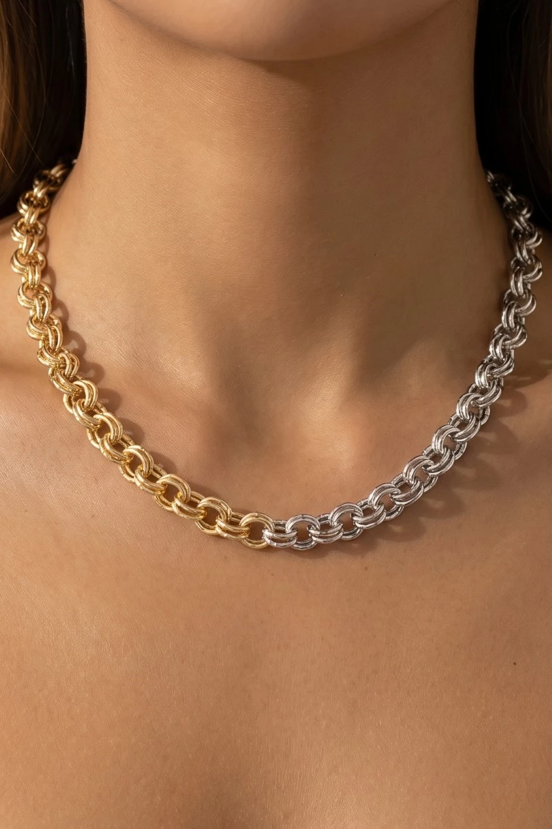 Gold Dipped Two Tone Double Link Chain Necklace