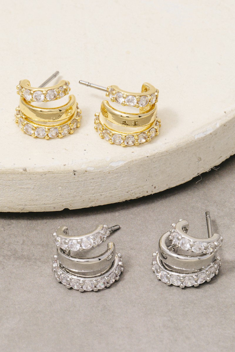 Gold Dipped Cz Pave Wide Layered Hoop Earrings