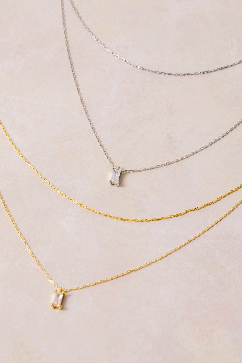 Layered Double Chain Baguette Cz Pendant Necklace